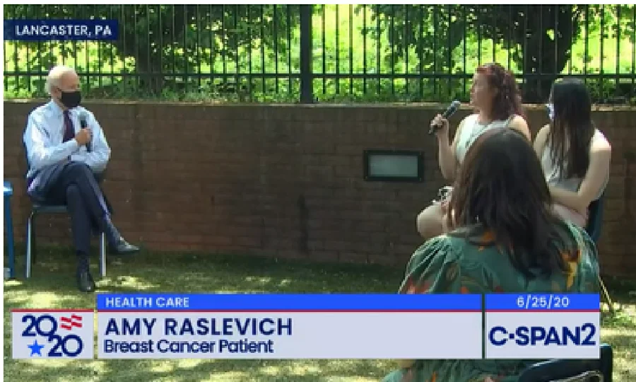 C-SPAN broadcast still of Amy Raslevich at a roundtable with Joe Biden