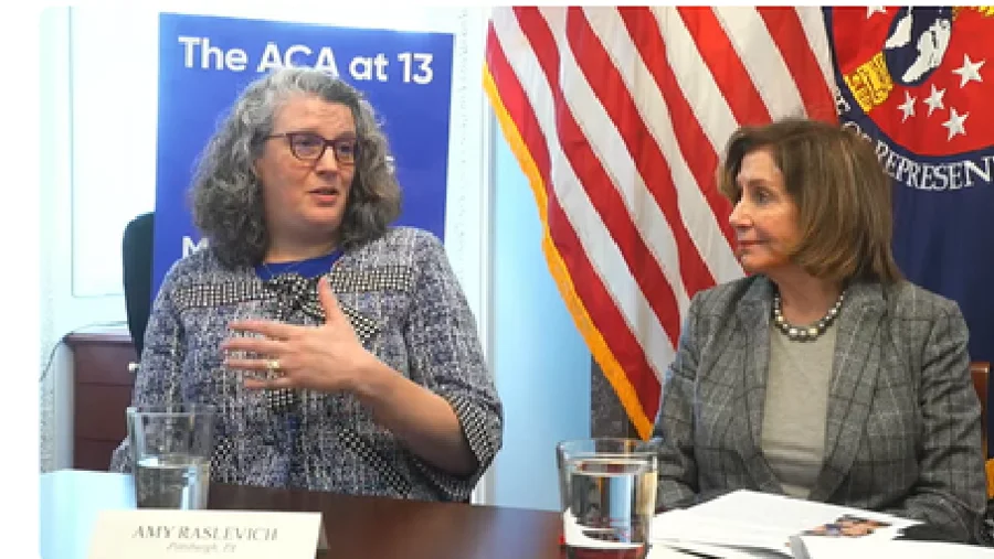 Amy Raslevich speaking with Speaker Emerita Nancy Pelosi at an ACA anniversary roundtable
