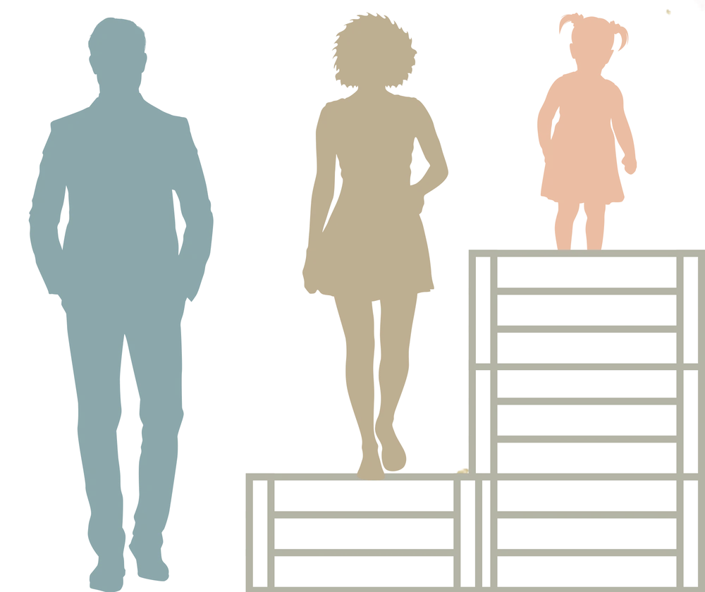 Illustration of a man, woman and child standing at different heights on crates, representing equity of access